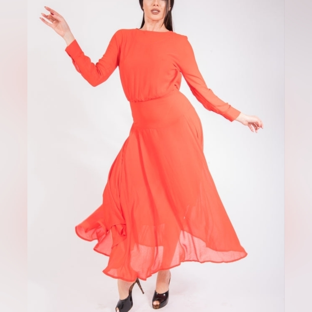 MAJE Long Sleeve Maxi Swing Dress In Red Rouge Size Small Women's